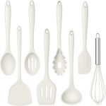 TeamFar Conjunto de 8 utensílios de cozinha de silicone resistente ao calor, espátula, colher, batedor, utensílios de cozinha para panelas antiaderentes, lavável na lava-louças, branco