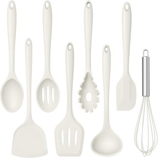 TeamFar Conjunto de 8 utensílios de cozinha de silicone resistente ao calor, espátula, colher, batedor, utensílios de cozinha para panelas antiaderentes, lavável na lava-louças, branco
