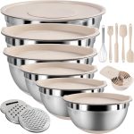 Tigelas de mistura com conjunto de tampas, 6 tigelas de mistura de aço inoxidável com 3 acessórios de ralador, tamanho 5, 4,5, 3,5, 2,1, 1,5, 1,1, 0,7 QT