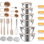 Tigelas de mistura com conjunto de tampas, 6 tigelas de mistura de aço inoxidável com 3 acessórios de ralador, tamanho 5, 4,5, 3,5, 2,1, 1,5, 1,1, 0,7 QT - Imagem 2