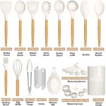 Umite Chef Conjunto de utensílios de cozinha de cozinha, conjunto de espátula de silicone antiaderente, com suporte, cabo de madeira, conjunto de utensílios de cozinha de silicone (branco creme) - Imagem 2