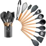 Utensílio de Cozinha Conjunto Kit C/12 Utensílios De Cozinha Silicone Jogo Cabo Madeira Cor Preto