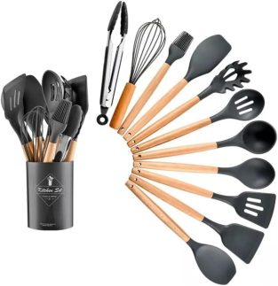 Utensílio de Cozinha Conjunto Kit C/12 Utensílios De Cozinha Silicone Jogo Cabo Madeira Cor Preto