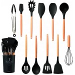 Utensílio de Cozinha Conjunto Kit C/12 Utensílios De Cozinha Silicone Jogo Cabo Madeira Cor Preto - Imagem 2