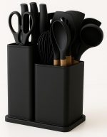 Utensilios Cozinha Silicone | Kit 19 Pecas Completo | Espatulas Pegadores, Colheres e Tabua de Corte | Para Cozinhar Assar e Servir | Resistente Calor Seguranca | Praticidade e Estilo (Preto)