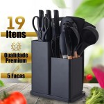 Utensilios Para Cozinha Silicone Kit 19 Peças Cabo Madeira Conjunto Completo Espátula Concha Colher Jogo Suporte Faca Antiaderente Tabua Tesoura Faqueiro PREMIUM (Preto) - Imagem 2