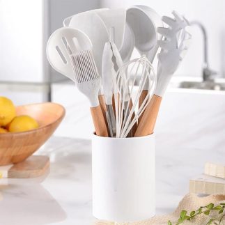 Utensílios de Cozinha Jogo Kit de Silicone 12 em 1 Anti Aderente Cabo de Madeira Versão Premium com Suporte Casa Buritis (Cinza)