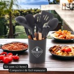 Utensílios de Cozinha Jogo Kit de Silicone 12 em 1 Anti Aderente Cabo de Madeira Versão Premium com Suporte Casa Buritis (Cinza) - Imagem 2