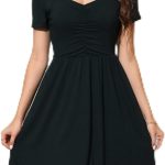 Vestido feminino casual de verão para mulheres, franzido para festa, rodado, evasê, comprimento médio, preto