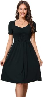 Vestido feminino casual de verão para mulheres, franzido para festa, rodado, evasê, comprimento médio, preto