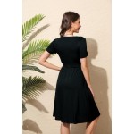 Vestido feminino casual de verão para mulheres, franzido para festa, rodado, evasê, comprimento médio, preto - Imagem 2