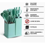 Kit Completo de Utensílios de Cozinha em Silicone com 19 Peças – Cabos de Madeira, Concha, Espátula, Colher, Suporte, Faca Antiaderente, Tábua, Tesoura e Faqueiro - Imagem 4