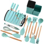 Kit Completo de Utensílios de Cozinha em Silicone com 19 Peças – Cabos de Madeira, Concha, Espátula, Colher, Suporte, Faca Antiaderente, Tábua, Tesoura e Faqueiro - Imagem 5