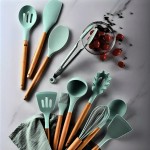 Kit Completo de Utensílios de Cozinha em Silicone com 19 Peças – Cabos de Madeira, Concha, Espátula, Colher, Suporte, Faca Antiaderente, Tábua, Tesoura e Faqueiro - Imagem 6