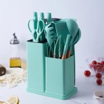 Kit Completo de Utensílios de Cozinha em Silicone com 19 Peças – Cabos de Madeira, Concha, Espátula, Colher, Suporte, Faca Antiaderente, Tábua, Tesoura e Faqueiro - Imagem 7