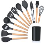 KIT 12 Utensílios Para Cozinha de Silicone Com Cabo de Madeira Antiaderente e Resistente ao Calor Conjunto Completo Premium BPA Free (Preto) - Imagem 3