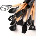 KIT 12 Utensílios Para Cozinha de Silicone Com Cabo de Madeira Antiaderente e Resistente ao Calor Conjunto Completo Premium BPA Free (Preto) - Imagem 4
