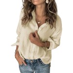 Blusa feminina de manga comprida com botões e linho de algodão, caimento solto, casual, gola V - Imagem 3