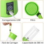Mini Liquidificador Portatil para Shake Suco com Cabo USB Recarregável Mixer 6 Lâminas Copo 380 ml Academia Whey Vitamina Juice Cup TAMO (VERDE) - Imagem 5