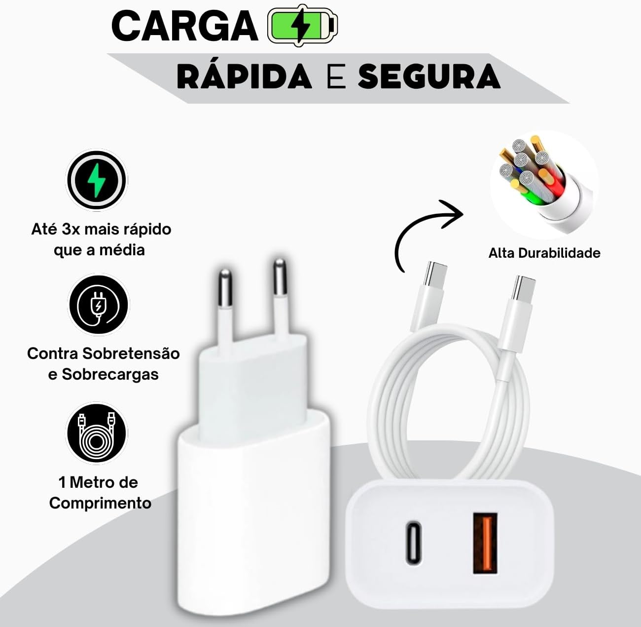 Kit Carregador Super Turbo 40W Porta Dupla (USB-C + USB-A) + Cabo USB Tipo-C, Compatível com Todos Dispositivos, Celulares Samsung, Motorola, iPhone 15/16, Tablets, Notebooks - Android e IOS - Imagem 3
