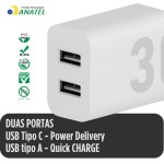 Carregador Turbo 30W Ultra Rápido Tipo C e 2 USB Com Carregamento Rápido + Cabo Tipo C Compatível Com Todos Aparelhos USB-C Acabamento Premium - Imagem 4