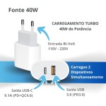 Carregador Tipo C Turbo 40W 9.1A Com Cabo USB-C Compatível com Android e IOS. Duas entradas: USB e USB-C Carga Rápida Tecnologia PD Power Duo - Premium - Imagem 4