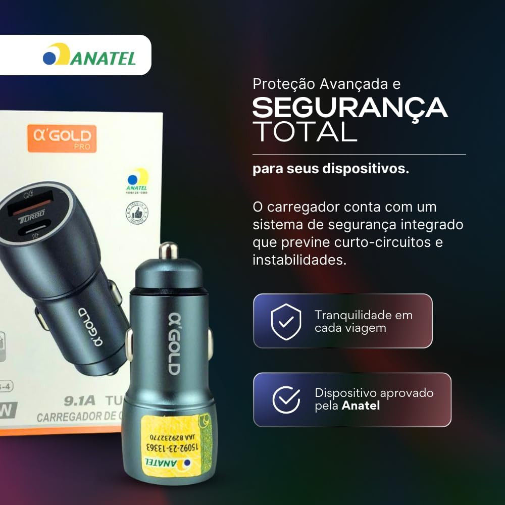 Carregador Super Turbo Veicular 60W Duas Portas, Carregamento Ultra Rápido USB 3.0, 9,1A, Entrada USB e Tipo C, Acompanha Cabo Tipo C, Produto Super Premium Para Veículos - Imagem 5