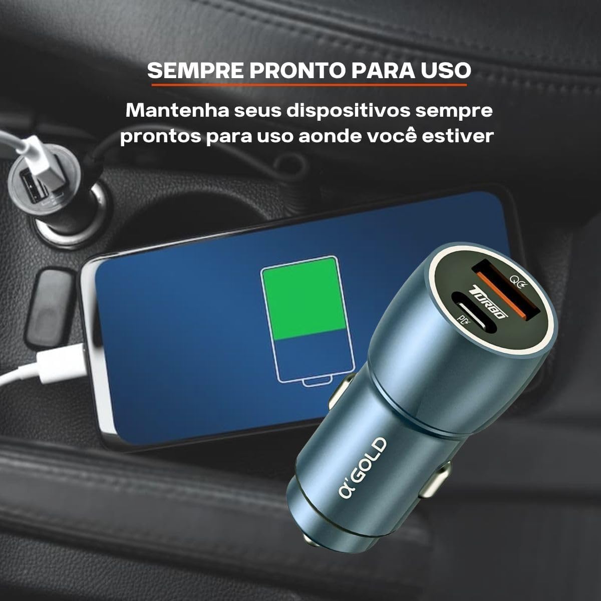 Carregador Super Turbo Veicular 60W Duas Portas, Carregamento Ultra Rápido USB 3.0, 9,1A, Entrada USB e Tipo C, Acompanha Cabo Tipo C, Produto Super Premium Para Veículos - Imagem 6