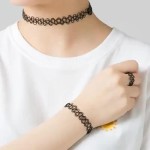 Colar feminino com 2 gargantilhas, elástico, elástico, Y2K, preto - Imagem 2