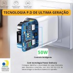 Fonte Universal Turbo 50W 2 Entradas USB-C e USB Turbo Carregador Tipo C e USB - Compátivel Com Todo Dispositivo e Cabo Tecnologia Power Delivery Carrega Com Segurança - Linha Premium - Imagem 3