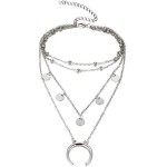 Bohemia Layered Choker Necklace Moon Necklace Gold Beaded Choker Disc Necklace Crescent Moon Coin Charm Pendant Necklace Multilayer Station Chain for Women and Girls(Silver) - Imagem 3