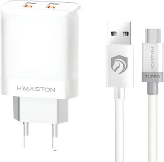 H'MASTON Carregador 2 Portas Usb 5.1A Rápido Com Cabo 1 Metro Compatível Com Celular Android iPhone Samsung (BRANCO, V8)
