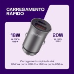 Geonav Carregador Veicular SuperPower Mini 20W Carregamento Rápido, 2 portas - 1 USB A (18W quick charge) e 1 USB C (20W Power Delivery), CHV20PDQCSG, Alumínio Cinza - Imagem 8