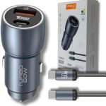 Carregador Veicular Turbo 60W Pro, Kit com Cabo USB-C. Duas portas USB 3.0 + USB-C, Led, Carregamento Rápido 9.1A Fast Charge Carro/Automotivo Compatível com IOS e Android – Premium (Cinza)