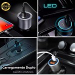 Carregador Veicular Turbo 60W Pro, Kit com Cabo USB-C. Duas portas USB 3.0 + USB-C, Led, Carregamento Rápido 9.1A Fast Charge Carro/Automotivo Compatível com IOS e Android – Premium (Cinza) - Imagem 9