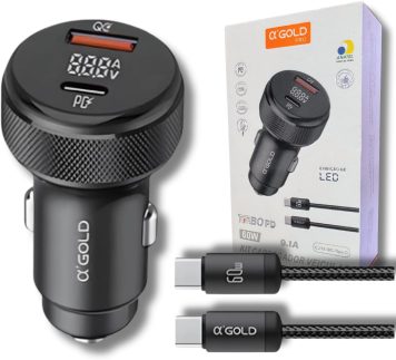 Carregador Veicular Turbo 60W Pro, Kit com Cabo USB-C. Duas portas USB 3.0 + USB-C, Led, Carregamento Rápido 9.1A Fast Charge Carro/Automotivo Compatível com IOS e Android – Premium