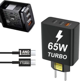 Carregador Super Turbo 65W 3 Entradas Compatível Com Samsung Galaxy Motorola Xioami iPhone 17 16 15 Pro Universal Moto G Edge S25 S24 Realme Celular Android iOS Tablets iPad USB Tipo C Rápido 10CLICK®