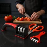 Amolador de Facas Manual + Tesoura Multifuncional + Descascador Ergonômico – Kit 3 em 1 para Cozinha Prática e Corte Preciso