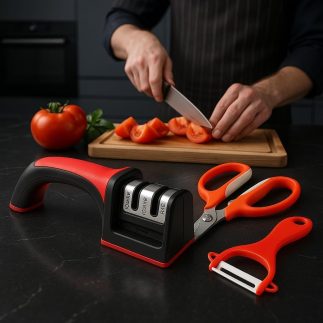 Amolador de Facas Manual + Tesoura Multifuncional + Descascador Ergonômico – Kit 3 em 1 para Cozinha Prática e Corte Preciso