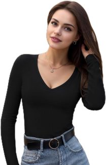 Body feminino de manga comprida com gola V