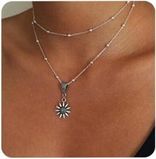 Bohemia Layered Choker Necklace Sunflower Charm Pendant Necklace Delicate Adjustable Chain Multilayer Necklaces for Women and Girls