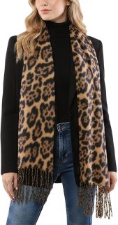 Cachecol feminino com estampa de leopardo para clima frio - Lenços de xales macios e quentes com borlas (199 x 60 cm)