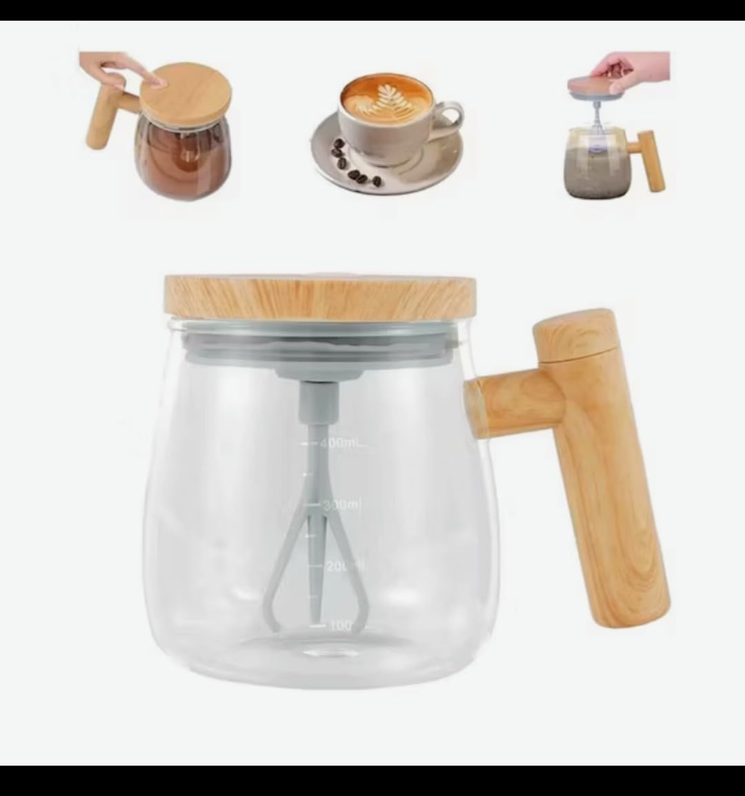 Caneca-Mixer-Automatica-com-Tampa-de-Madeira-400ml-para-Cafe.jpg Caneca Mixer Automática com Tampa de Madeira, 400ml, para Café, Achocolatado, Leite e Shakes, Misturador Elétrico com Carregamento USB-C, Design Moderno e Elegante