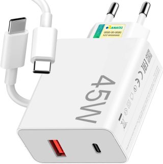 Carregador 45W Ultra Rápido Turbo Tipo-C e USB + Cabo Tipo-C | Potência Real | Bivolt Automático | Ideal para Smartphones, Tablets e Notebooks