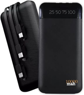 Carregador Portátil Power Bank Universal 10000mAh 3 Cabos Integrados Design Leve, Compacto e Ultra Rápido Com Entradas (Micro USB, USB-C e IOS) Led Com Indicador Bateria