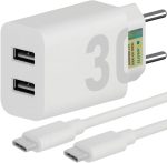 Carregador Super Turbo 30W Ultra Rápido Porta Dupla Tipo C e USB Com Carregamento Rápido + Cabo Tipo C Compatível Com Todos Os Dispositivos, Motorola, Samsung, IPhone 15/16, Xiaomi Premium (Branco)