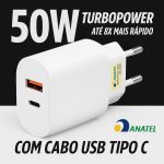 Carregador Super Turbo 50W Ultra Rápido Tipo C + USB Com Carregamento Rápido + Cabo Tipo C Compatível Com Todos Aparelhos type C