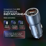 Carregador Super Turbo Veicular 60W Duas Portas, Carregamento Ultra Rápido USB 3.0, 9,1A, Entrada USB e Tipo C, Acompanha Cabo Tipo C, Produto Super Premium Para Veículos - Imagem 2