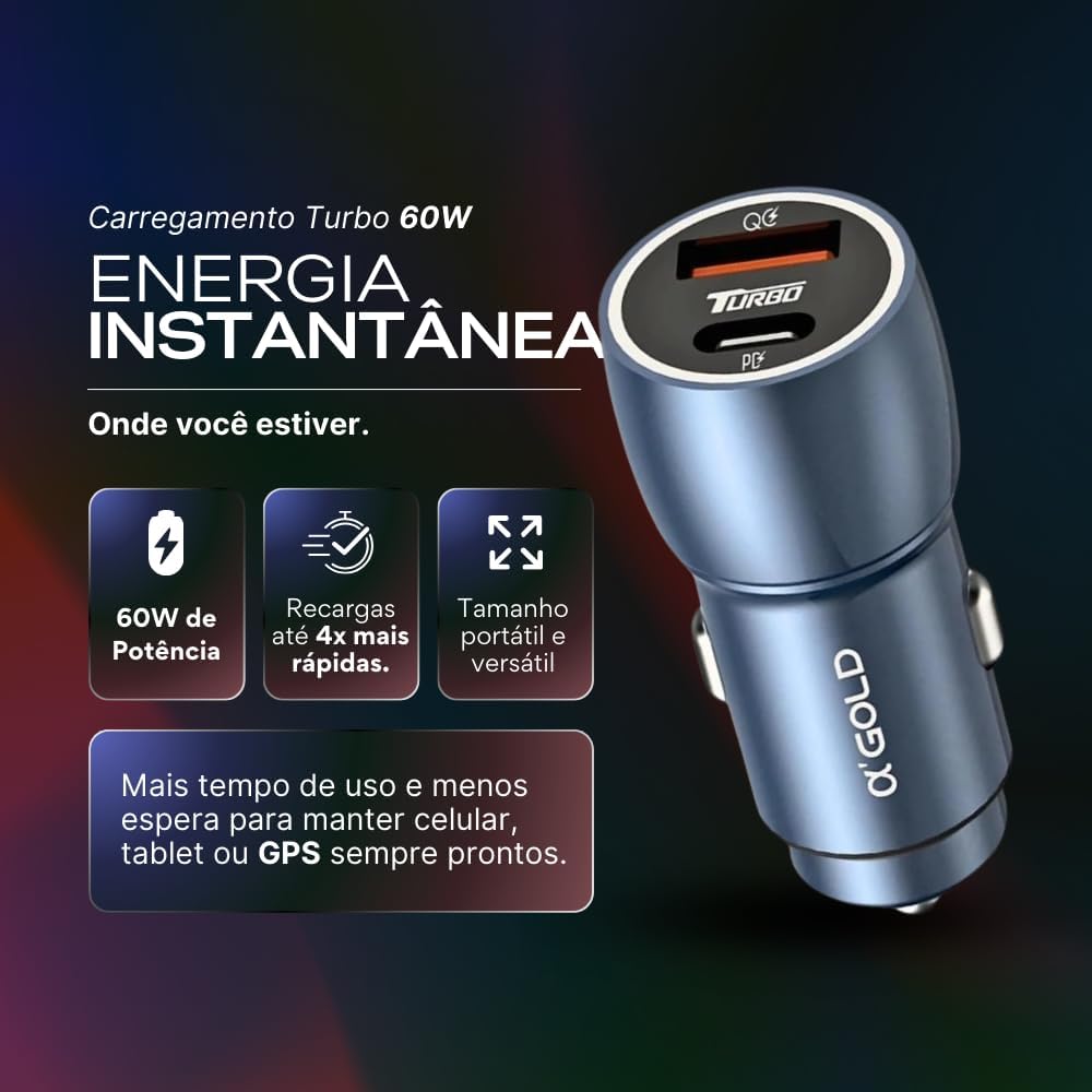 Carregador Super Turbo Veicular 60W Duas Portas, Carregamento Ultra Rápido USB 3.0, 9,1A, Entrada USB e Tipo C, Acompanha Cabo Tipo C, Produto Super Premium Para Veículos - Imagem 2