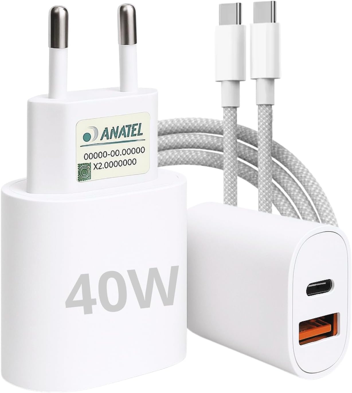 Carregador-Tipo-C-Turbo-40W-91A-Com-Cabo-USB-C-Compativel.jpg Carregador Tipo C Turbo 40W 9.1A Com Cabo USB-C Compatível com Android e IOS. Duas entradas: USB e USB-C Carga Rápida Tecnologia PD Power Duo - Premium